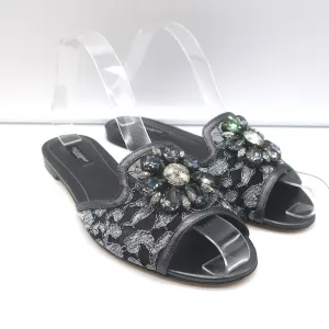 Dolce & Gabbana Sofia Slides en Dentelle à Incrustations de Cristaux Cuir Acier Taille 38