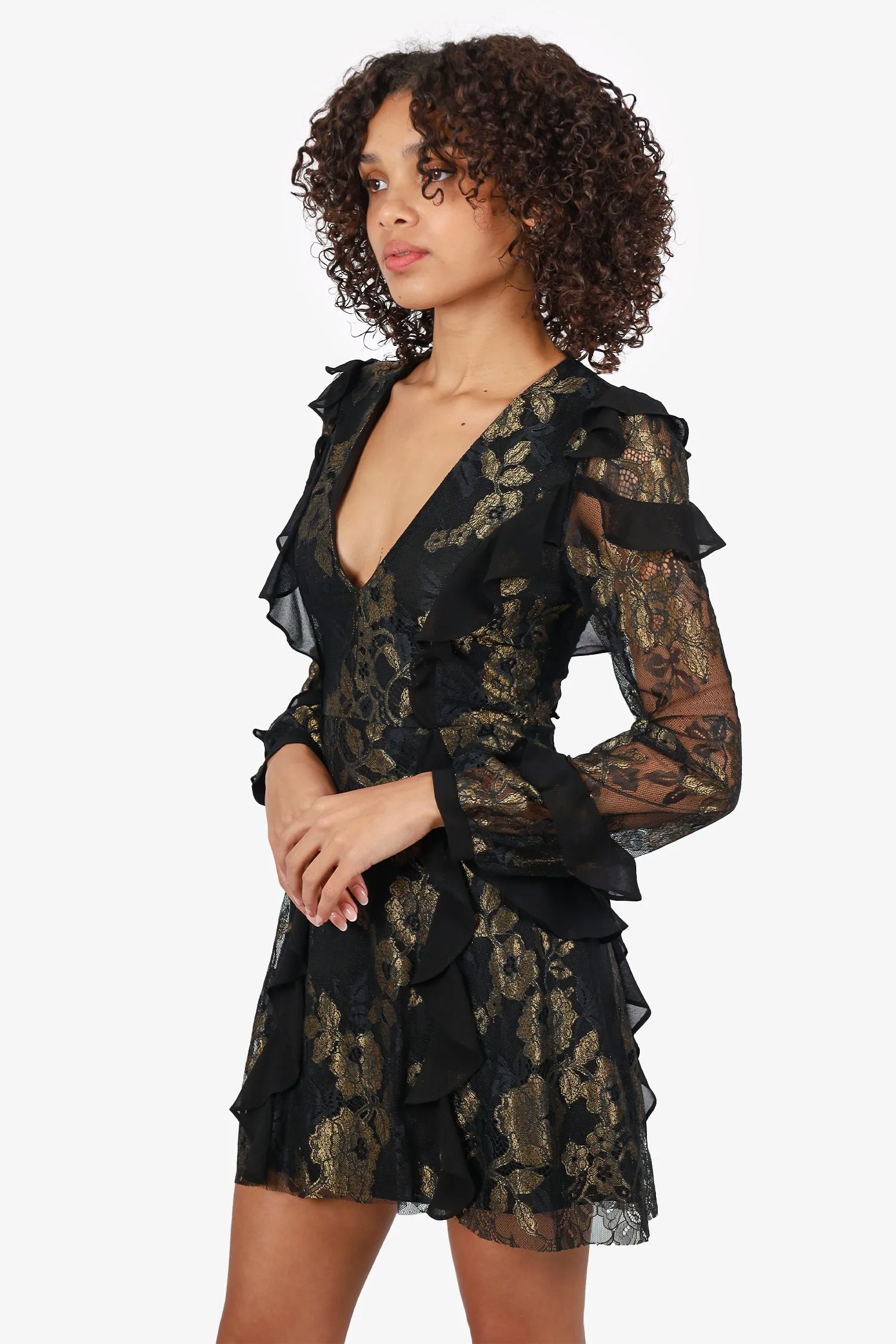 Robe mini à volants en dentelle noire et or For Love & Lemons Taille XS