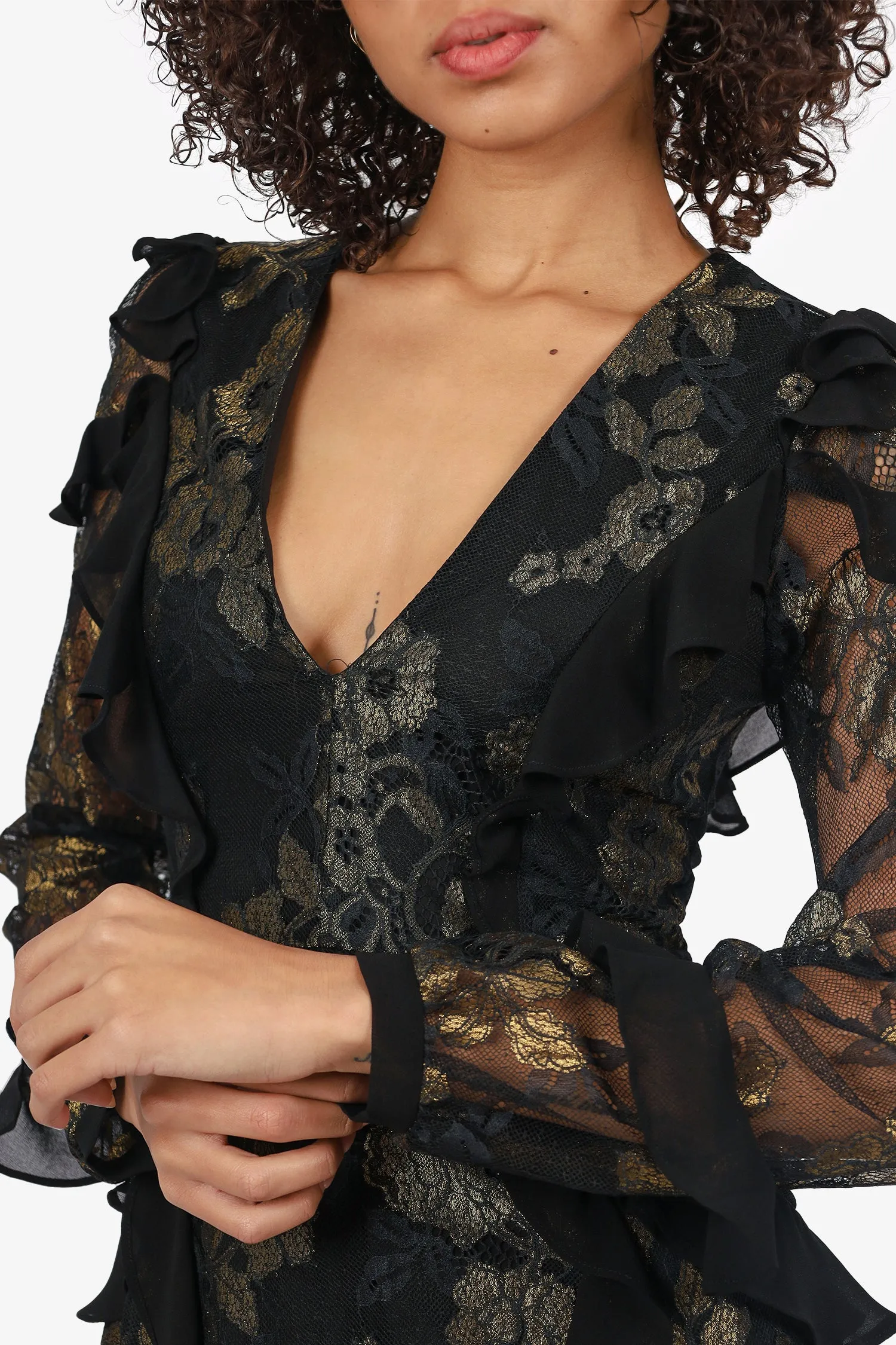 Robe mini à volants en dentelle noire et or For Love & Lemons Taille XS