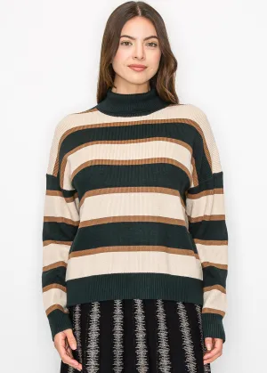 Pull col roulé rayuré vert forêt