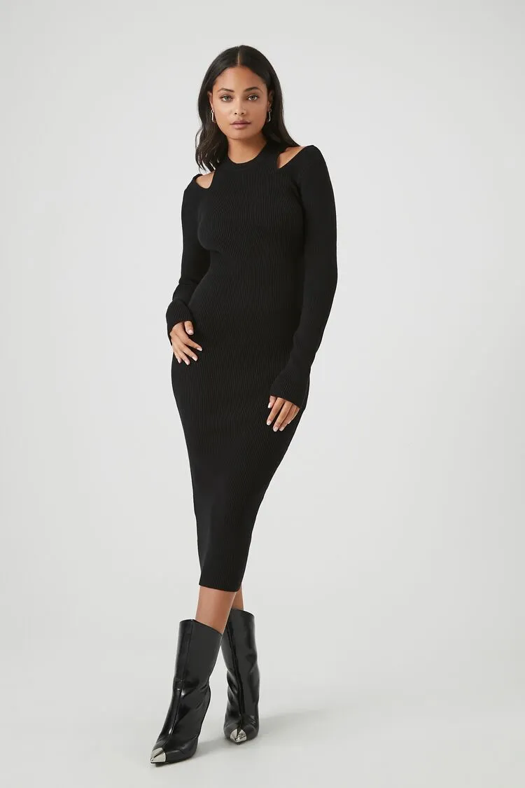 Forever 21 Robe d'hiver mi-longue en tricot pour femme avec découpes aux épaules Noir Forever 21