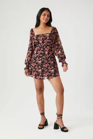 Forever 21 Robe courte à manches longues imprimée fleurie pour femme Rose/Noir Forever 21