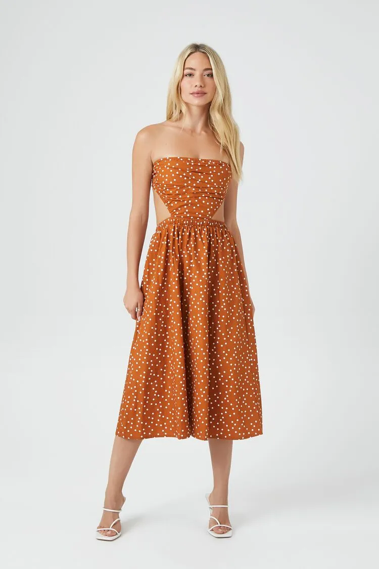 Forever 21 Robe mi-longue femme à pois avec découpes Beige/Blanc Forever 21