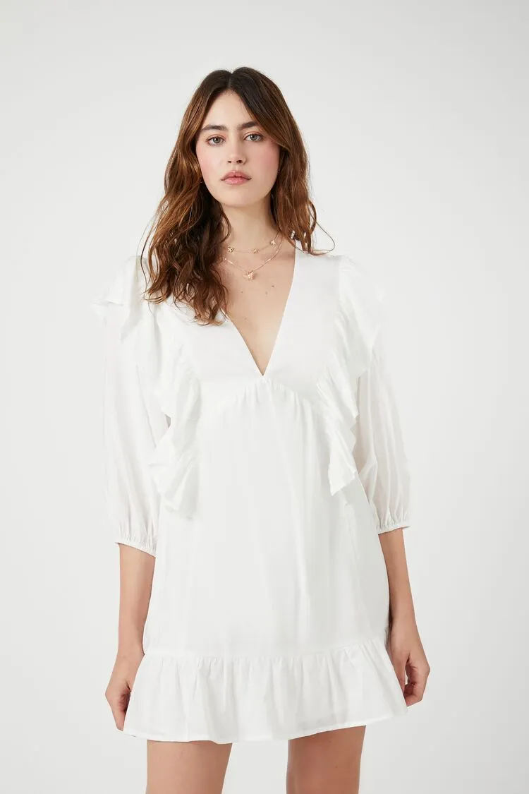 Forever 21 Robe courte pour femme en ivoire à encolure en V avec volants