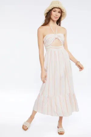 Forever 21 Robe mi-longue en lin à rayures pour femme Rose/Multicolore Forever 21