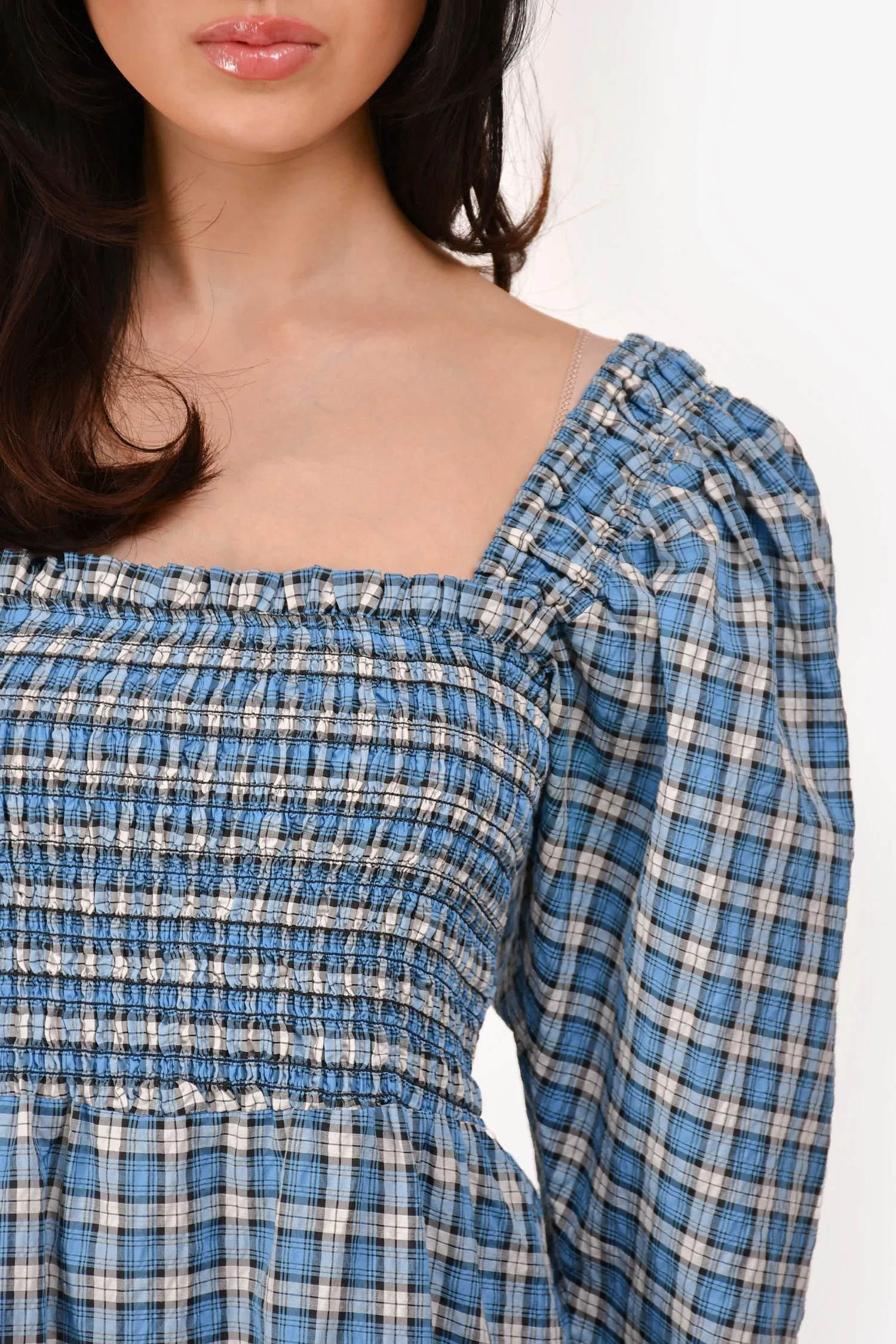 Robe plissée en coton bleu à carreaux Ganni Taille 34