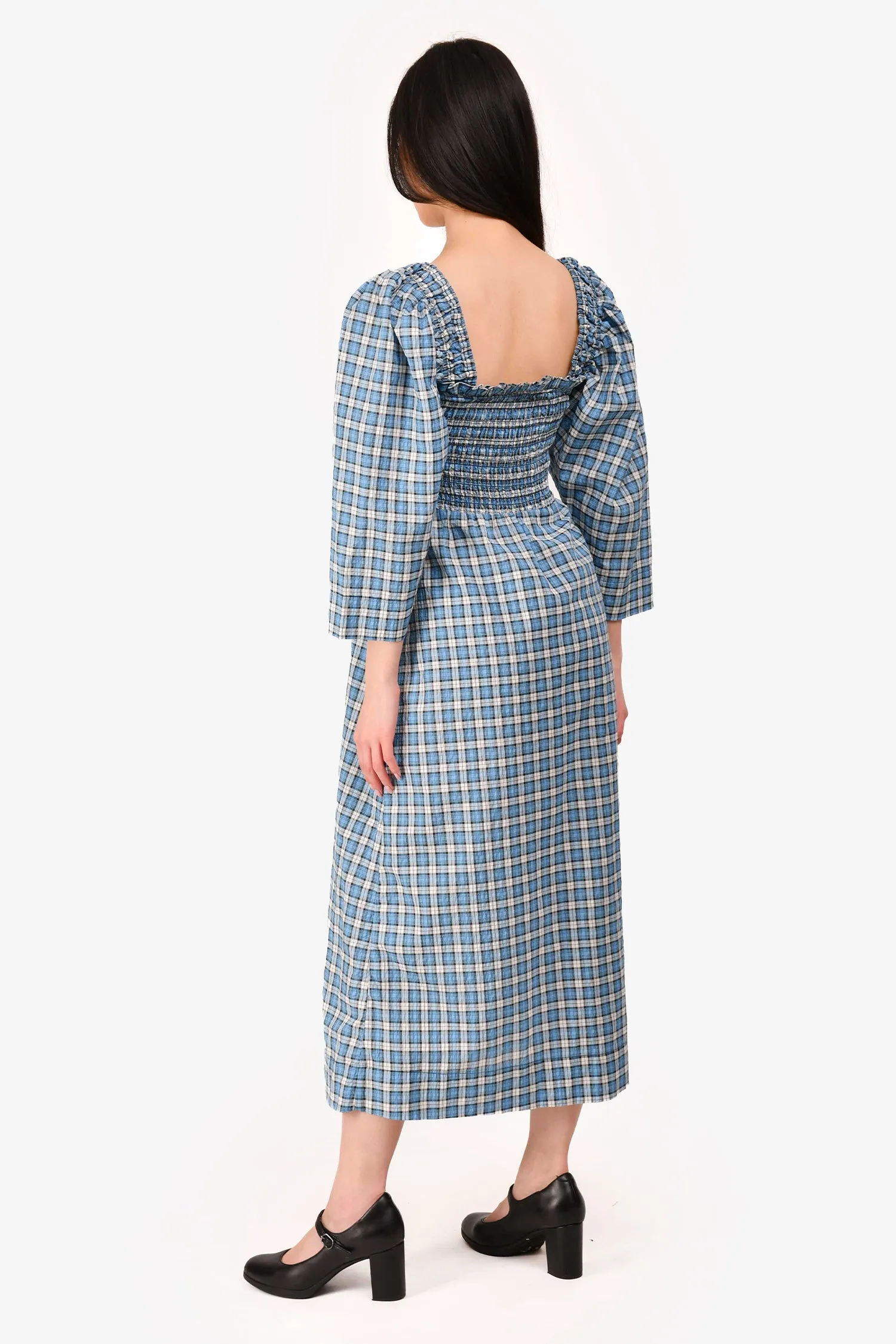 Robe plissée en coton bleu à carreaux Ganni Taille 34
