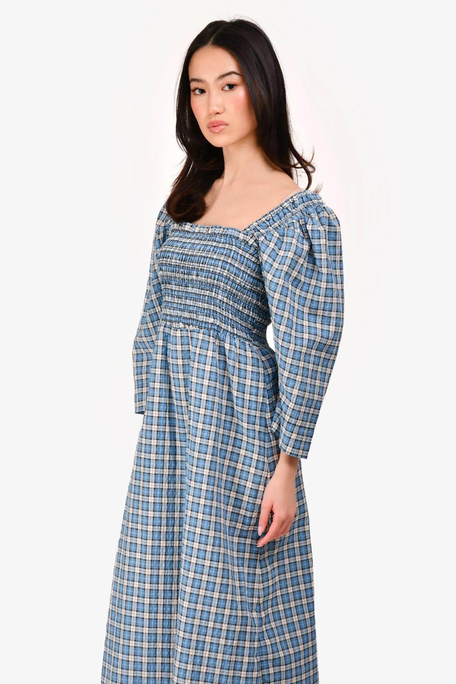 Robe plissée en coton bleu à carreaux Ganni Taille 34