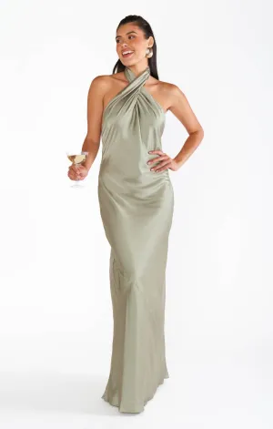 Robe Longue Jasmine Halter ~ Satin Luxe Vert Mousse