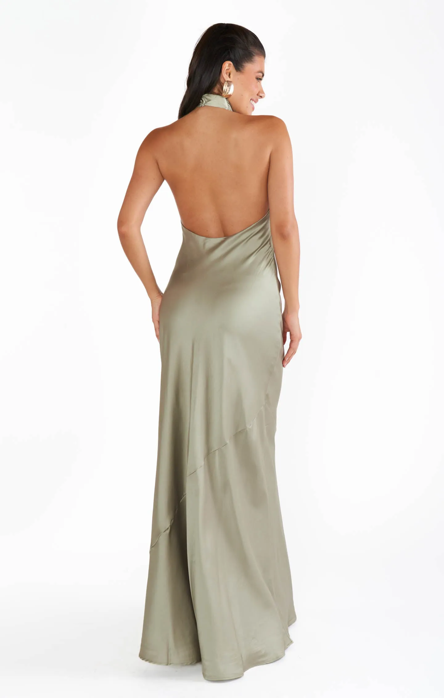 Robe Longue Jasmine Halter ~ Satin Luxe Vert Mousse