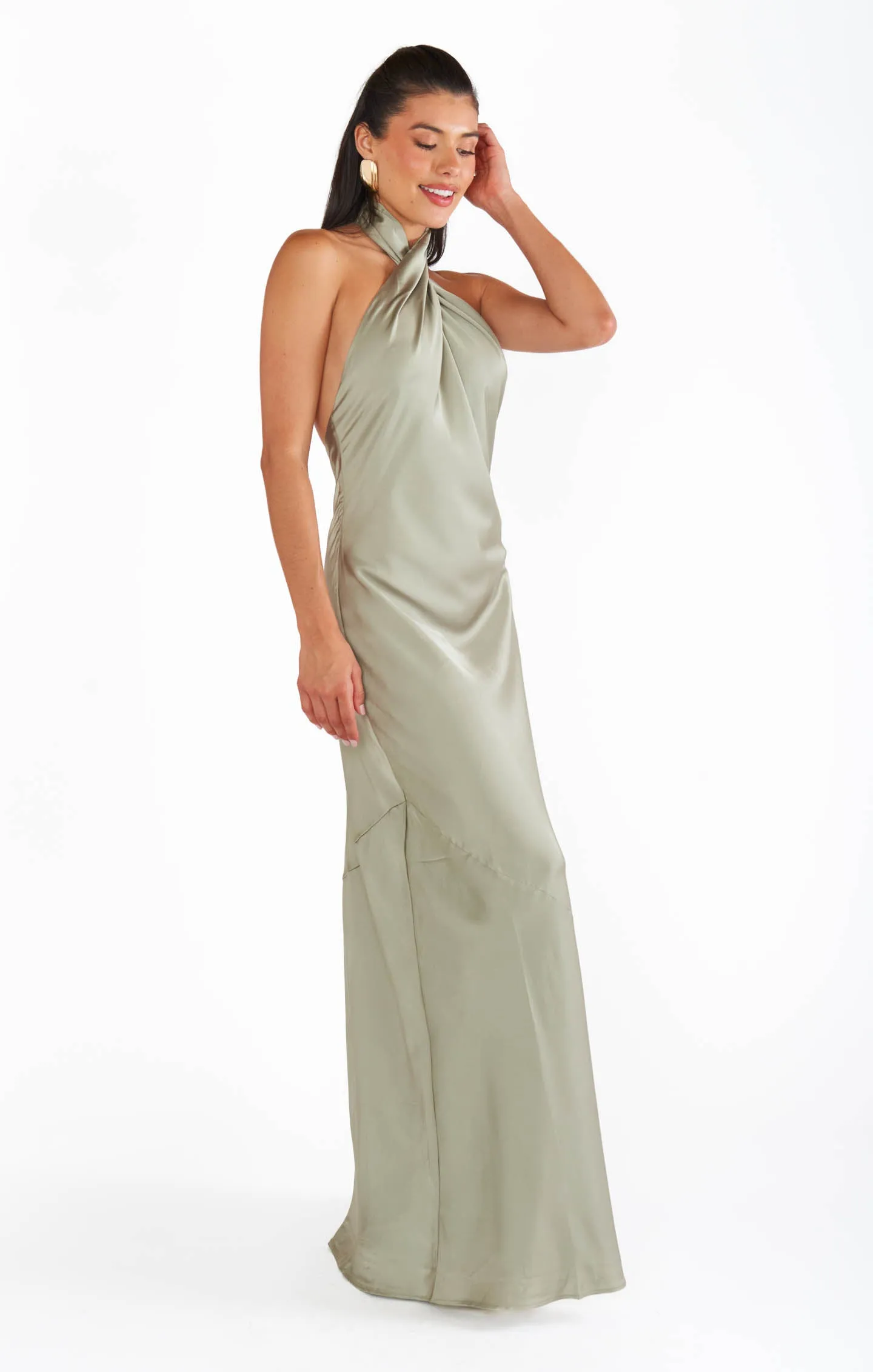 Robe Longue Jasmine Halter ~ Satin Luxe Vert Mousse