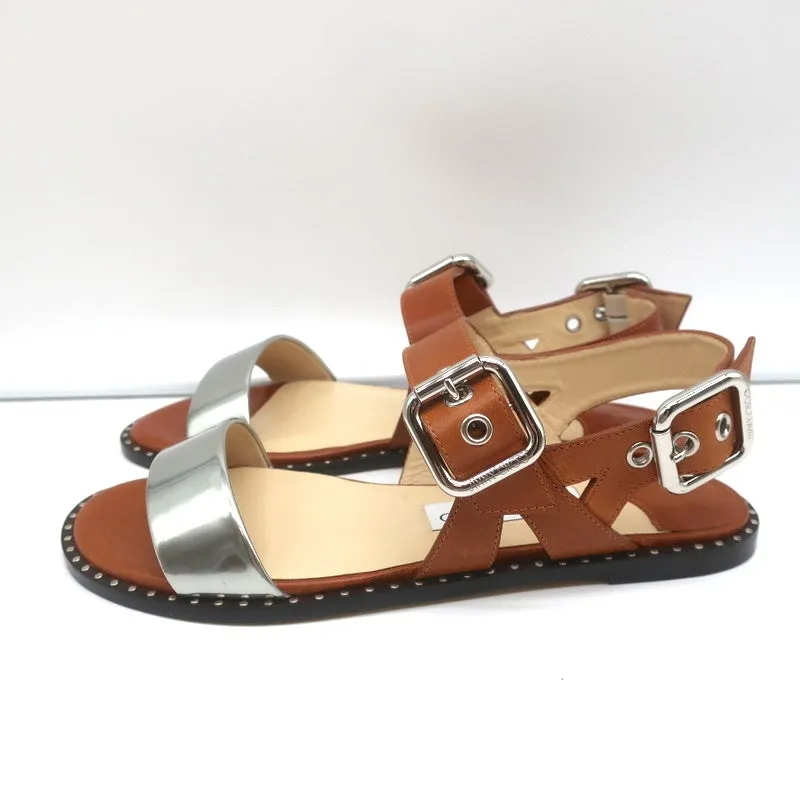 Jimmy Choo Sandales Astrid à Boucle Cuir Tan/Argent Taille 37 Escarpins à Lanière NEUF