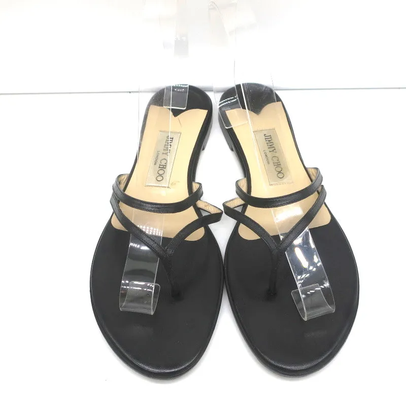 Jimmy Choo Sandales plates à lanières thong en cuir noir Taille 38.5