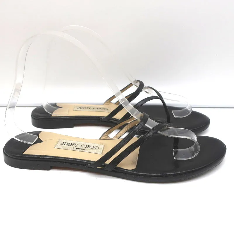 Jimmy Choo Sandales plates à lanières thong en cuir noir Taille 38.5
