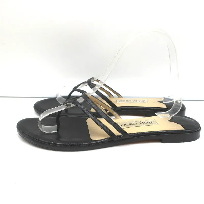 Jimmy Choo Sandales plates à lanières thong en cuir noir Taille 38.5
