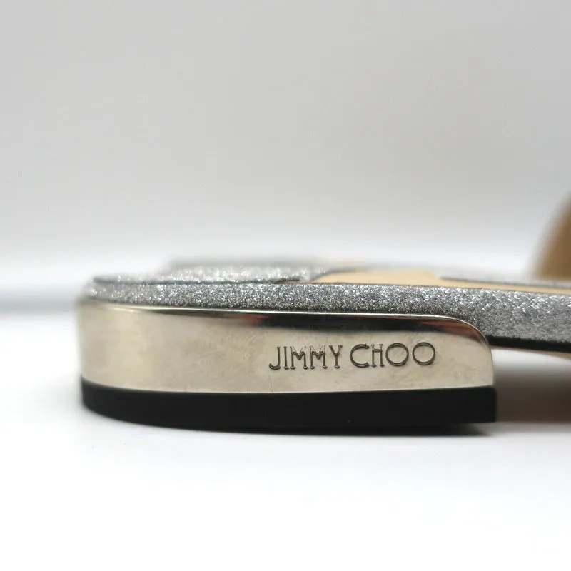 Jimmy Choo Joni Sandales plates à glissière Pailleté argenté Taille 37.5 NEUF