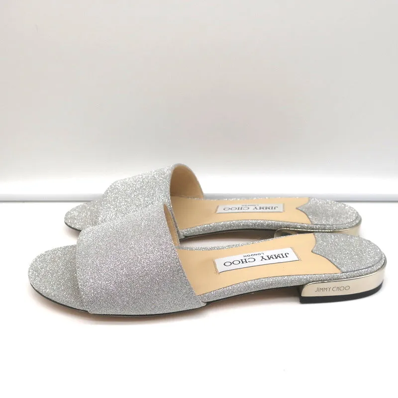 Jimmy Choo Joni Sandales plates à glissière Pailleté argenté Taille 37.5 NEUF