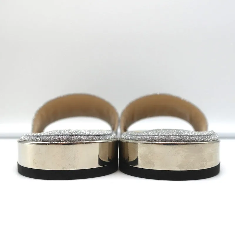 Jimmy Choo Joni Sandales plates à glissière Pailleté argenté Taille 37.5 NEUF