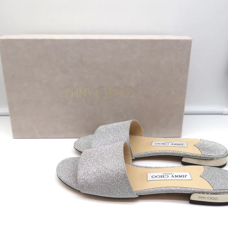 Jimmy Choo Joni Sandales plates à glissière Pailleté argenté Taille 37.5 NEUF