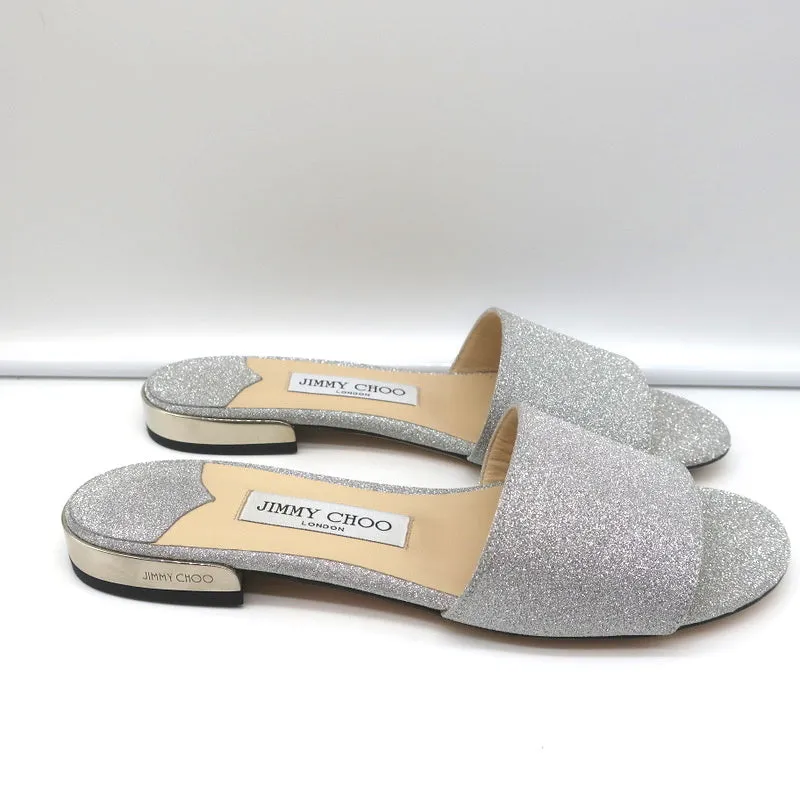 Jimmy Choo Joni Sandales plates à glissière Pailleté argenté Taille 37.5 NEUF