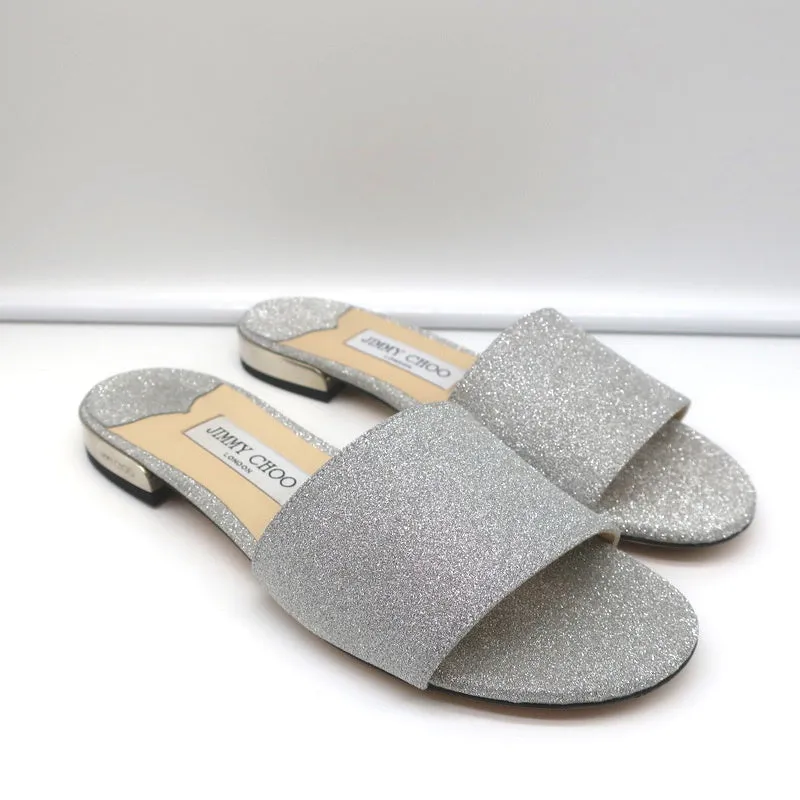 Jimmy Choo Joni Sandales plates à glissière Pailleté argenté Taille 37.5 NEUF