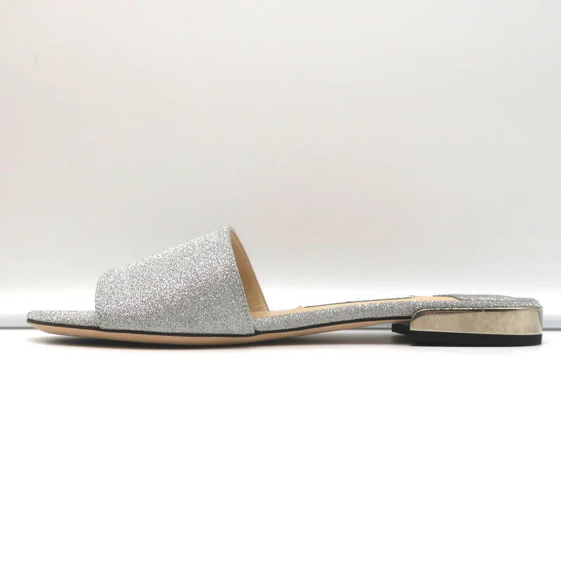 Jimmy Choo Joni Sandales plates à glissière Pailleté argenté Taille 37.5 NEUF