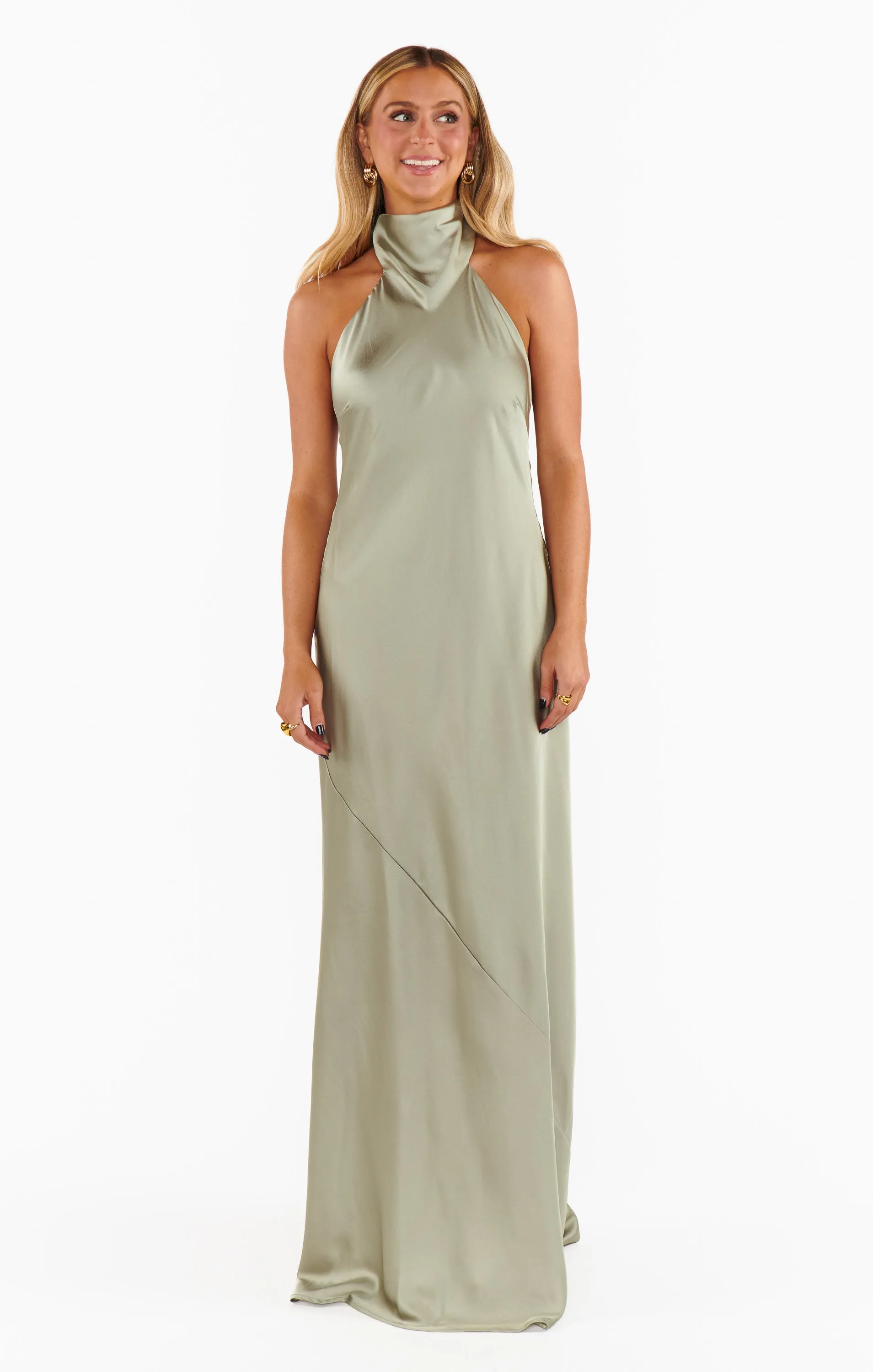 Robe longue Lisa ~ Satin luxe vert mousse