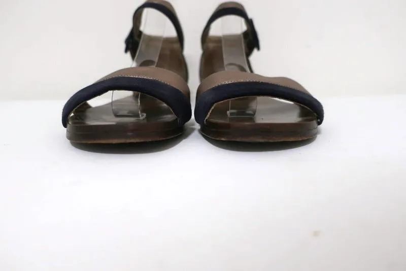 Sandales Marni à bride cheville en cuir bronze et daim marine taille 36.5 à bout ouvert