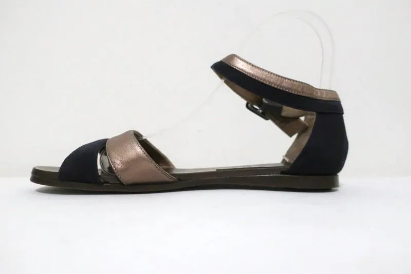 Sandales Marni à bride cheville en cuir bronze et daim marine taille 36.5 à bout ouvert