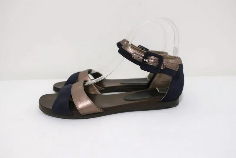 Sandales Marni à bride cheville en cuir bronze et daim marine taille 36.5 à bout ouvert