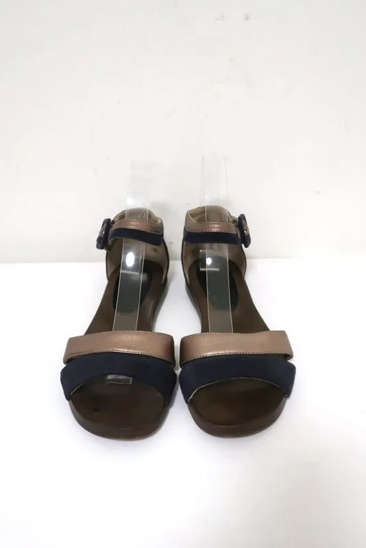 Sandales Marni à bride cheville en cuir bronze et daim marine taille 36.5 à bout ouvert