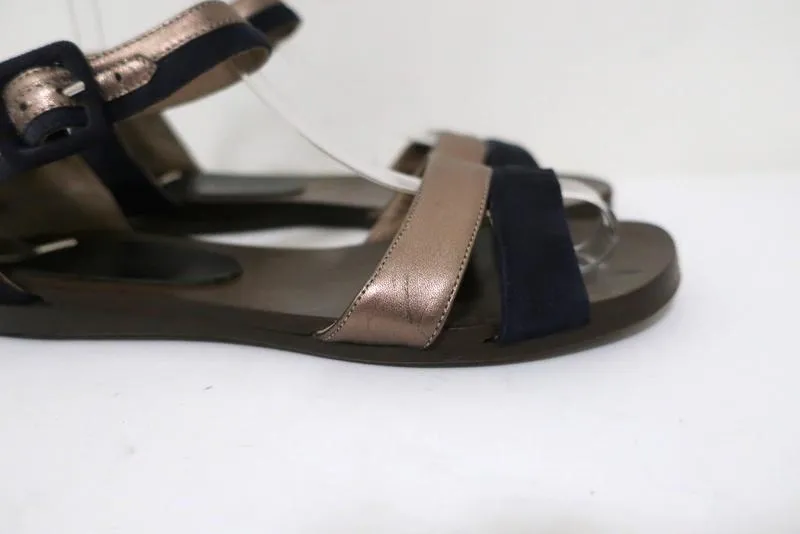 Sandales Marni à bride cheville en cuir bronze et daim marine taille 36.5 à bout ouvert