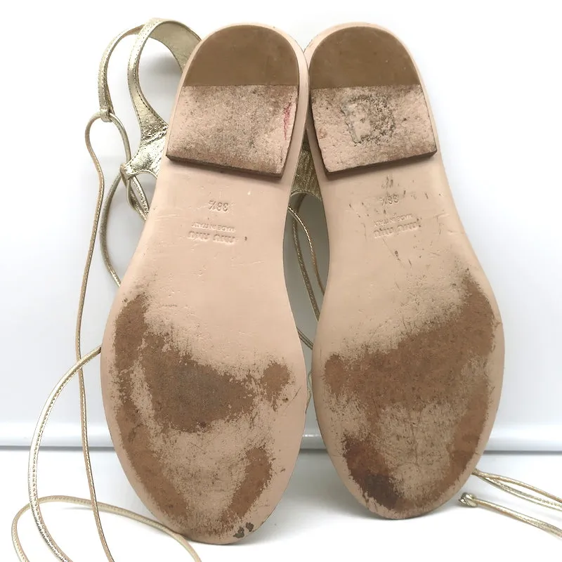 Miu Miu Sandales Gladiator à Enroulement Cheville en Cuir Métallisé Or Taille 38.5