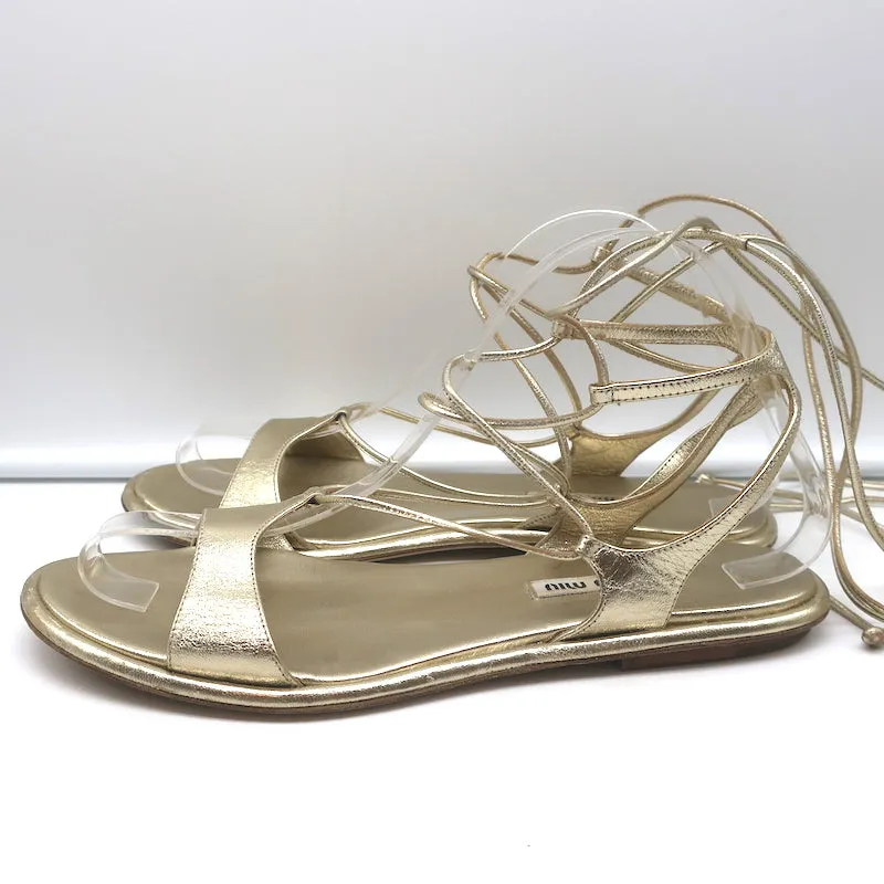 Miu Miu Sandales Gladiator à Enroulement Cheville en Cuir Métallisé Or Taille 38.5