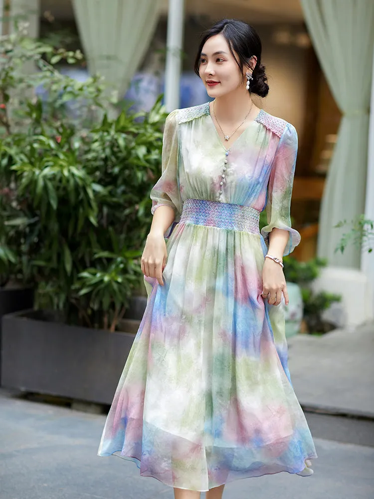 Robe en soie multi-couleur à taille élastique style A-line