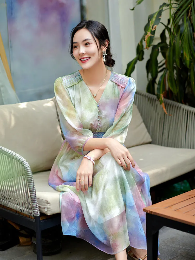 Robe en soie multi-couleur à taille élastique style A-line
