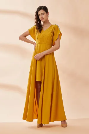 Robe plissée drapée perle moutarde