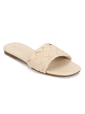 Sandales plates à enfiler en PU tissé nude
