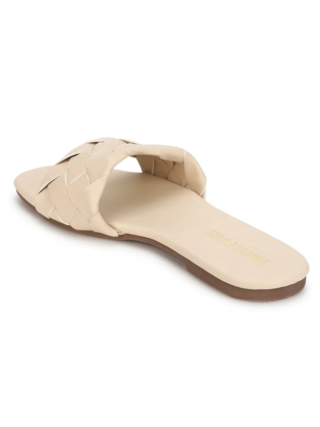 Sandales plates à enfiler en PU tissé nude