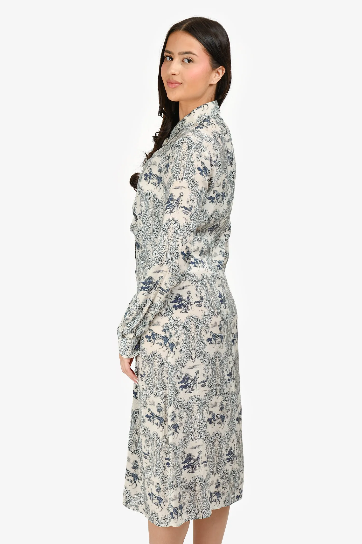 Pinko Robe longue à manches longues avec col blanc/bleu et boutons taille 6