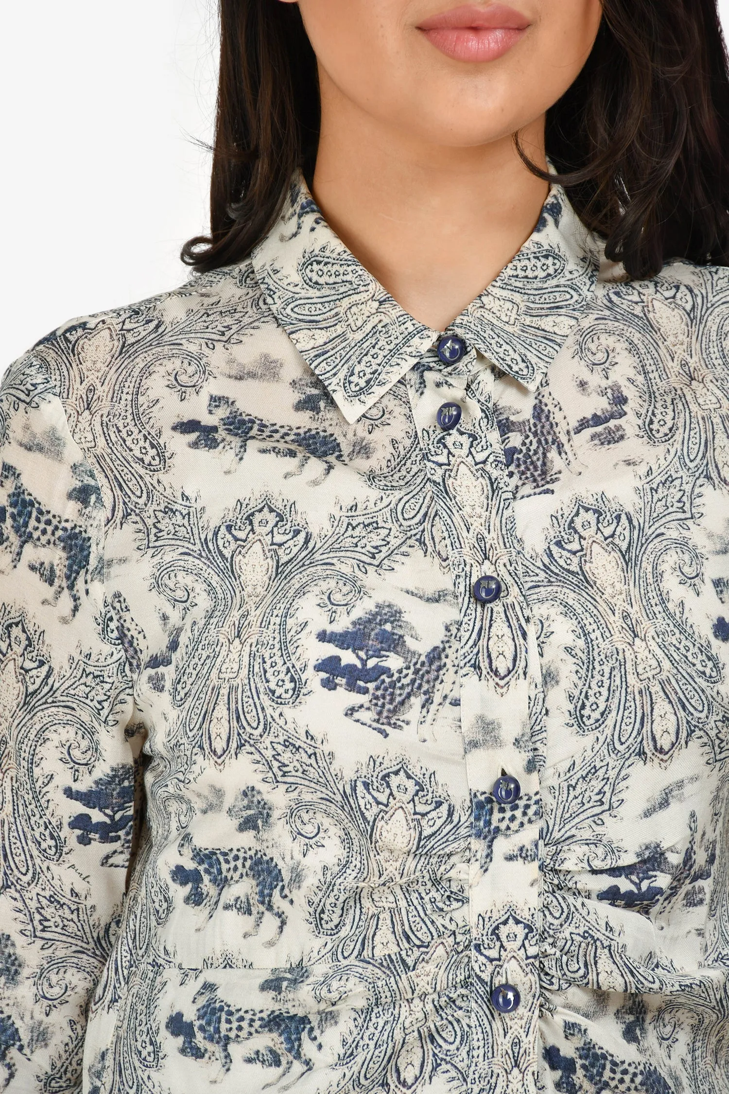 Pinko Robe longue à manches longues avec col blanc/bleu et boutons taille 6