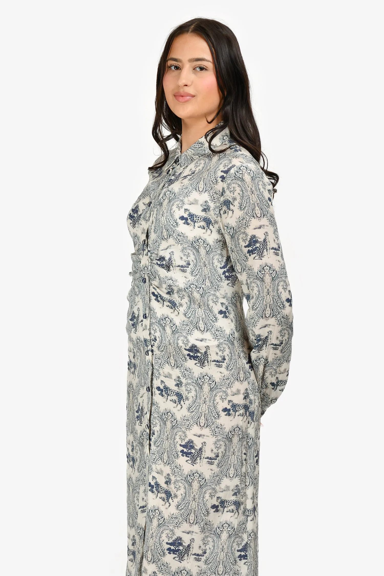 Pinko Robe longue à manches longues avec col blanc/bleu et boutons taille 6
