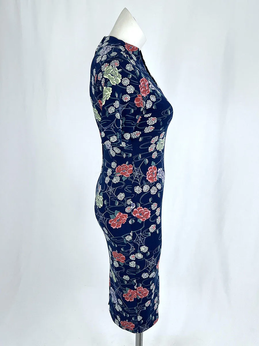 Robe rétro asiatique Pinup Couture Taille 12 en marine et rose à motifs floraux