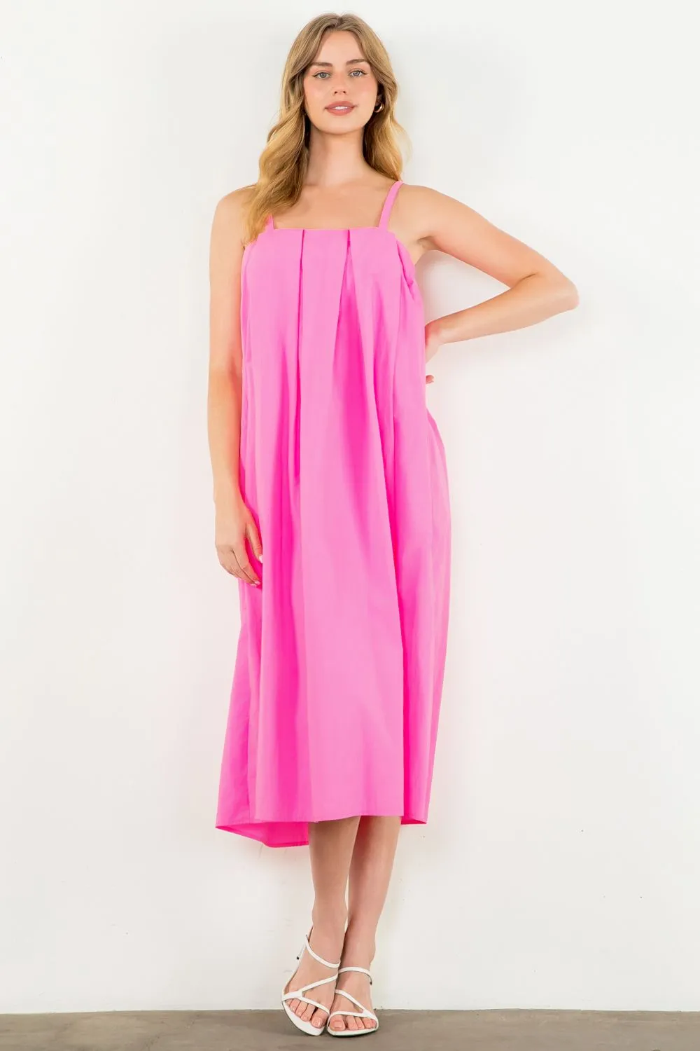 Robe longue en popeline rose vif