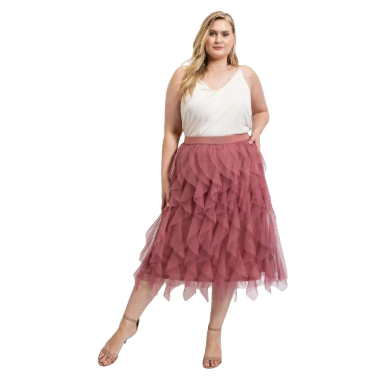 Jupe mi-longue en tulle froncée avec ceinture élastique
