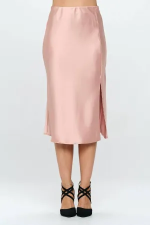 Jupe mi-longue en satin uni avec fente en rose
