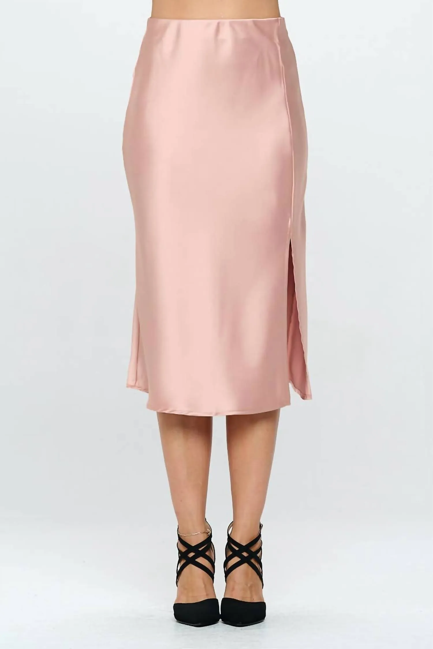 Jupe mi-longue en satin uni avec fente en rose