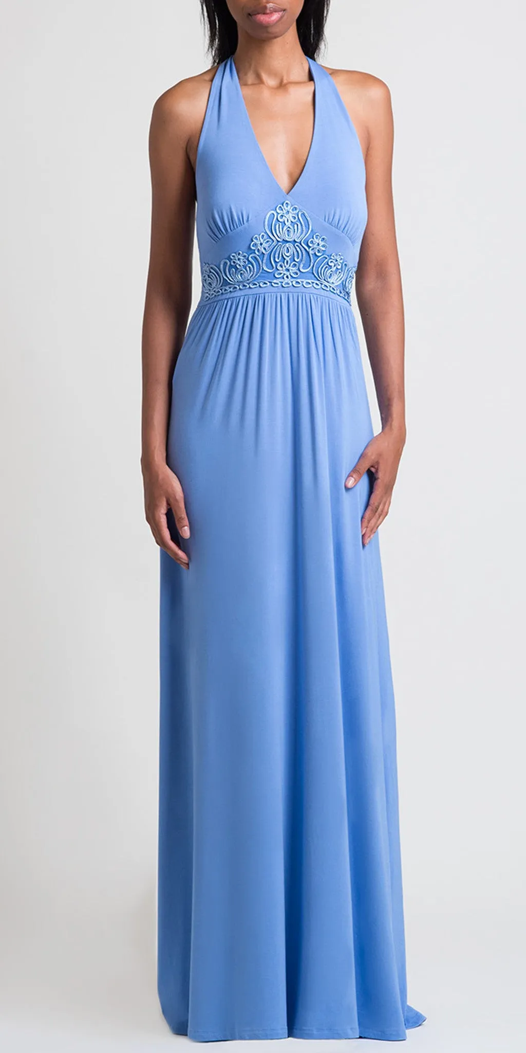 Robe longue à bretelles avec broderie soutache - Bleu indigo clair