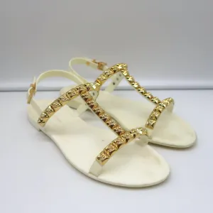 Stuart Weitzman Jelrose Sandales à Clous en Gel Crème/Or Taille 7 Plate à Lanière