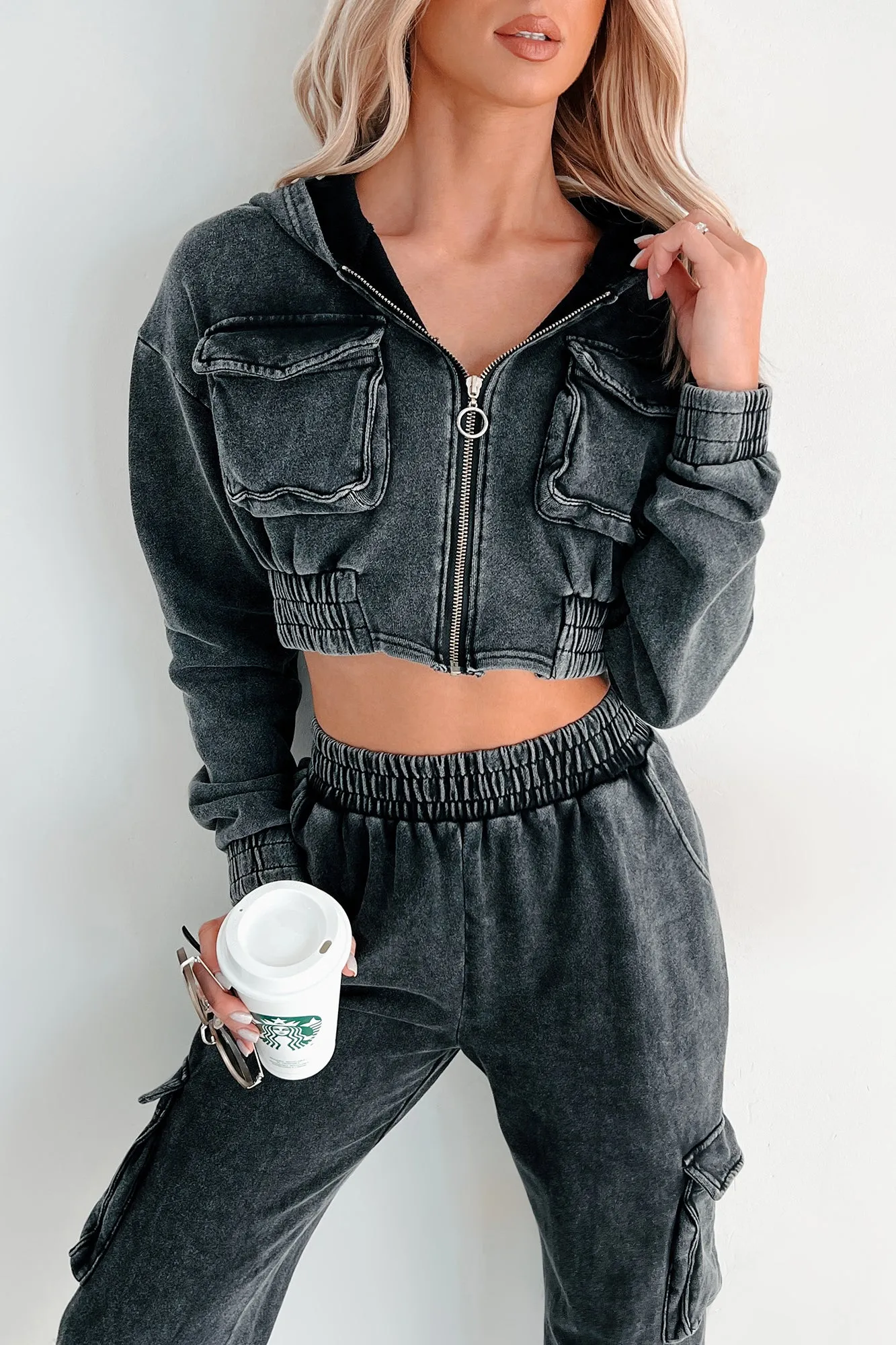 Ensemble de sweat à capuche et pantalon en minéral lavé Talk Later (Noir)